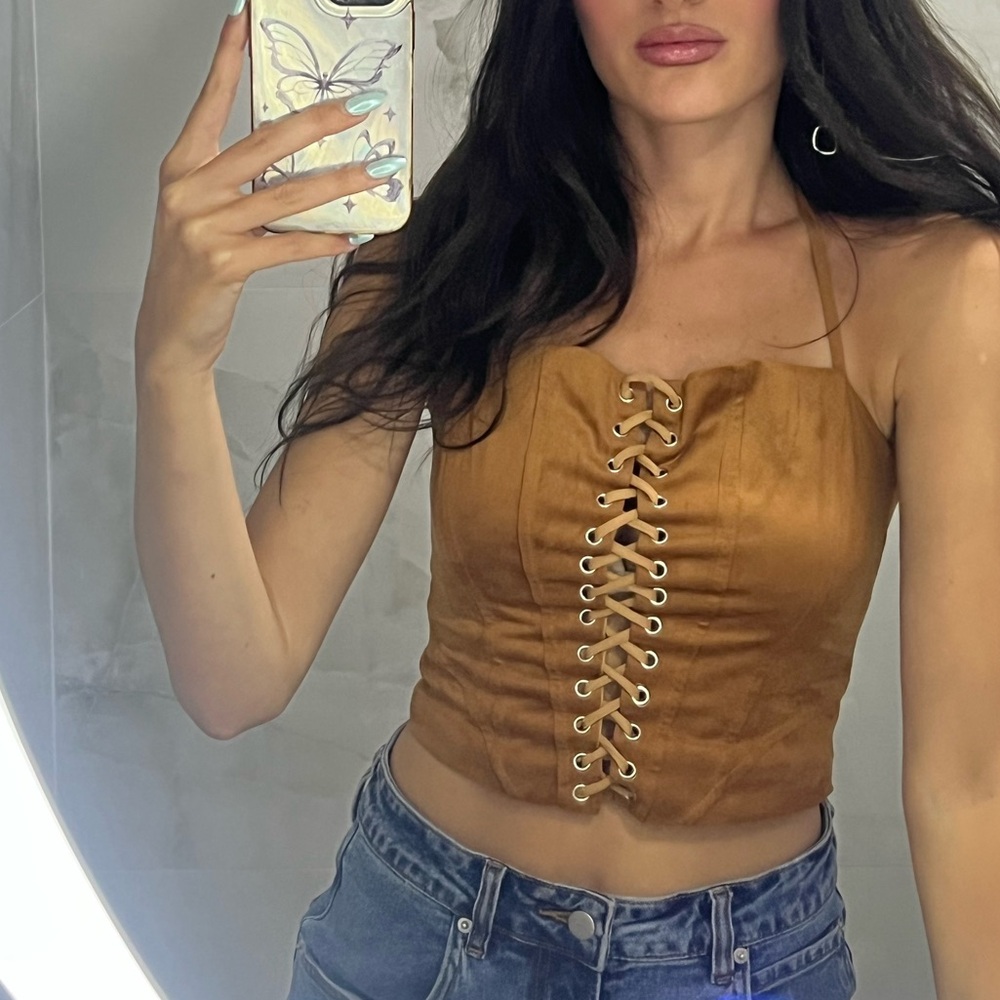 Fashion nova suede Brown Lace-Up Halter Top